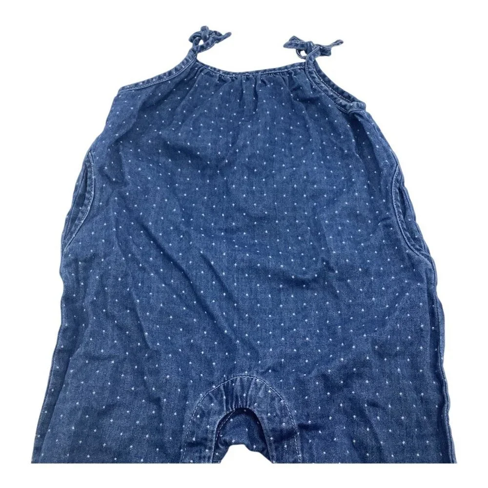 Baby Gap Denim Jumpsuit Romper Baby Girl 6-12 Months‎ Blue Polka Dot Tie Straps